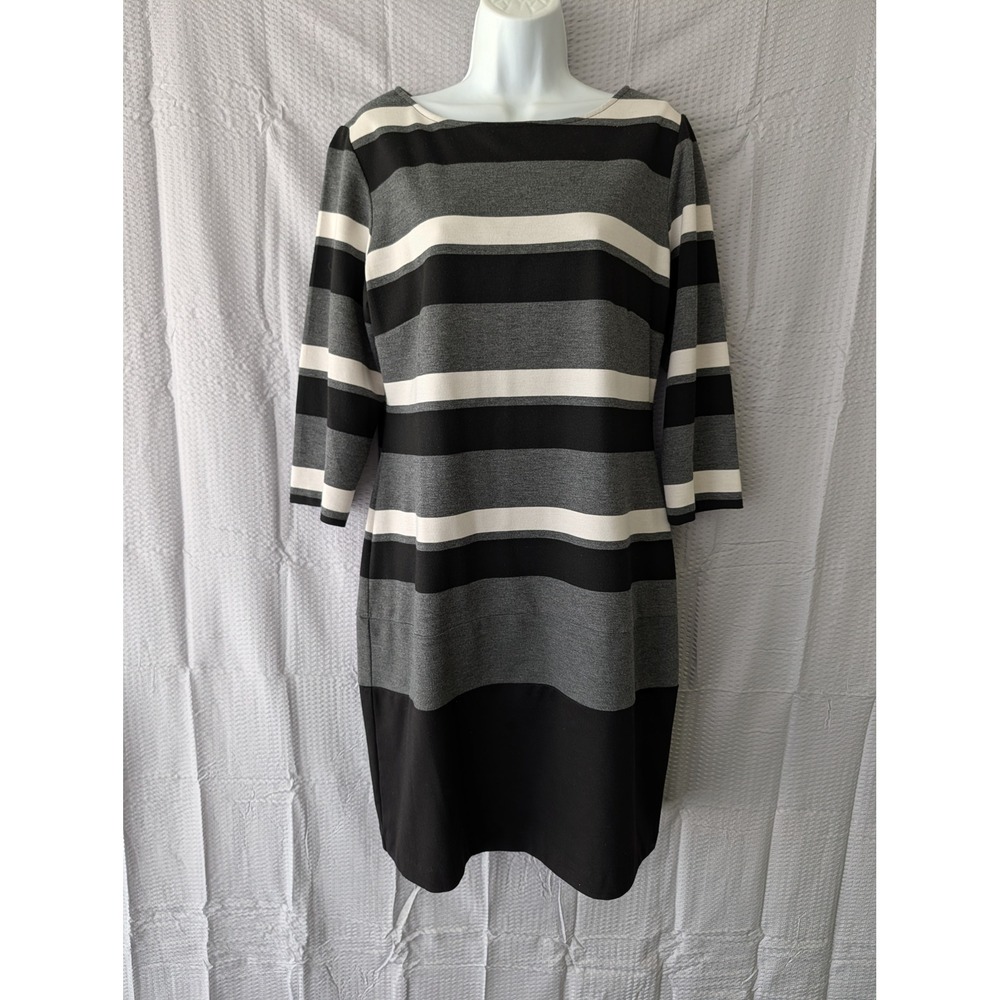 RN Studio Ronnie Nicole Women Size 14 Striped Boat Neck Sheath Dress Black Grey